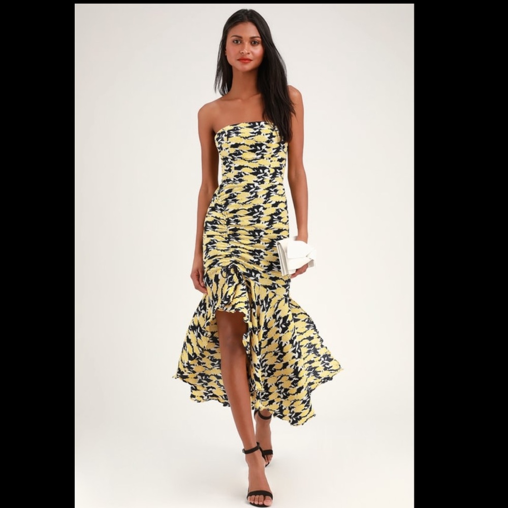 Enlight Blue & Yellow Floral Print Strapless Midi